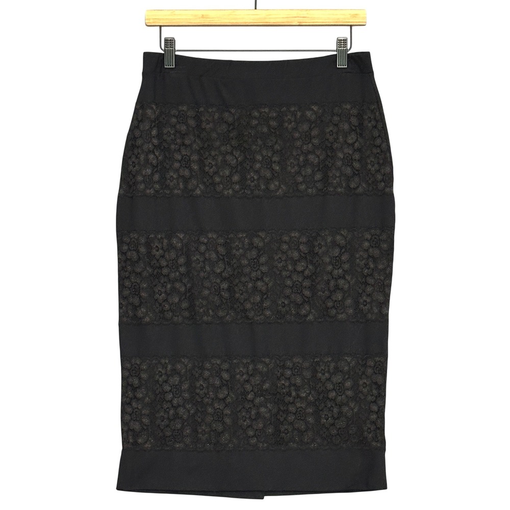 Bebe Womens Skirt L Black Lace Striped Pencil Midi Bodycon Goth Chic Coquette